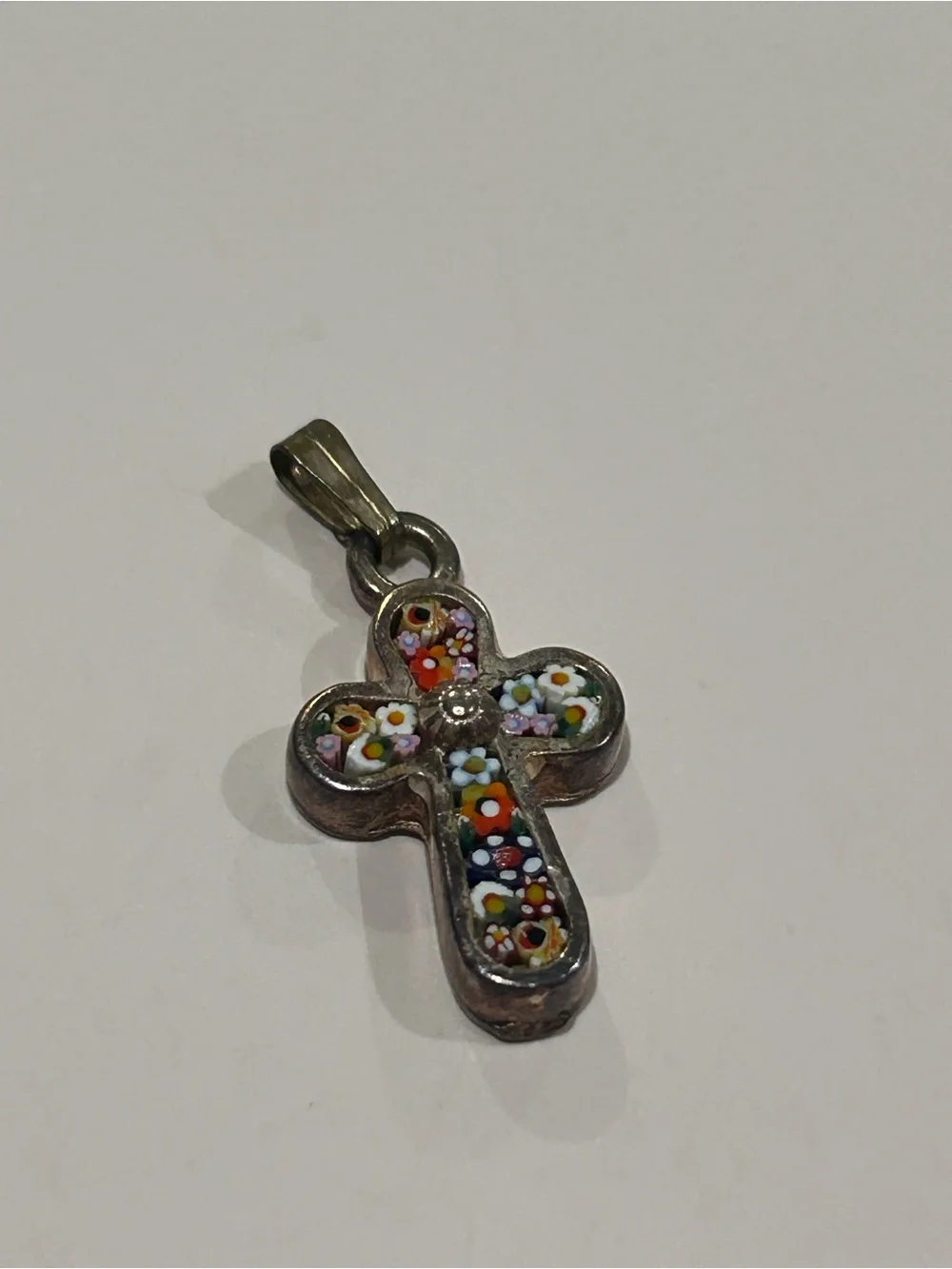 Sterling Silver Floral Millefiori Cross Pendant - Multicolor